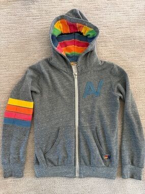 Aviator Nation Gray Zip Hoodie with Rainbow Hood & Sleeve Stripes